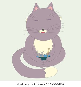 Cat meditates with a bowl of fish soup. Vector illustration