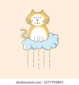 A cat meditates on a blue cloud as rain drizzles below, creating a sense of calm and serenity. 