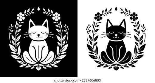 Cat meditating lotus position. Round floral frame. Yoga and meditation logo concept. Black and white minimalist vector illustration for meditation practice.