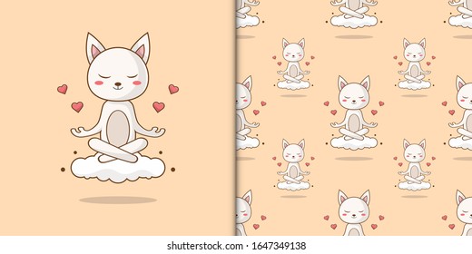 Cat meditating on a cloud seamless pattern