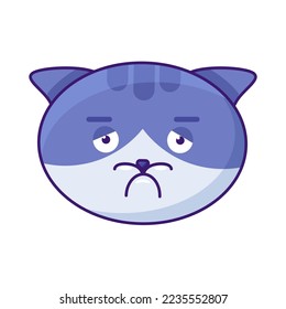 Cat melancholy and boring emotion emoji vector. Sadness domestic animal mammal, tired and worried face. Depressed smile expression furry muzzle. Sorrowful emoticon flat cartoon illustration
