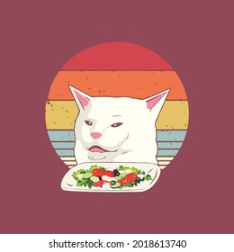 cat meme funny retro yelling at cats eating salad rolled sleeve art best art art vector design illustration print poster