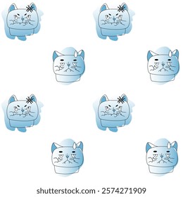 Cat meme pattern. Blue colors with black linart. Emotions of joke, humor, surprise, hopelessness, anger.