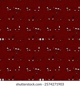 Cat meme pattern. Burgundy colors with black linart. Emotions of joke, humor, boredom, surprise, hopelessness, misunderstanding, anger.