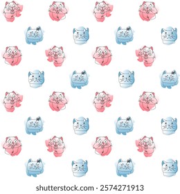 Cat meme pattern. Pink and Blue colors with black linart. Emotions of joke, humor, surprise, hopelessness, anger.