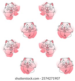  Cat meme pattern. Pink colors with black linart. Emotions of joke, humor, surprise, hopelessness, anger.