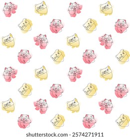  Cat meme pattern. Pink and yellow colors with black linart. Emotions of joke, humor, surprise, hopelessness, anger.