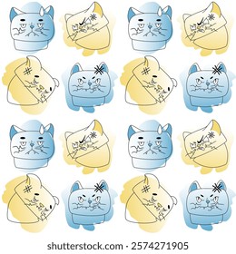 Cat meme pattern. Yellow and Blue colors with black linart. Emotions of joke, humor, surprise, hopelessness, anger.