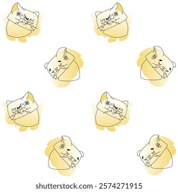  Cat meme pattern. Yellow color with black linart. Emotions of sadness, hopelessness, anger.