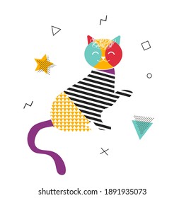 Cat in Memphis style. Abstract modern illustration of simple shapes. Cute character.