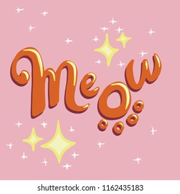 Cat Meow logo with paw print detail for pet brand, shop or blog. Hand-drawn brush lettering, 3d effect with highlights and shadow, orange on pink background with glamourous shining sparkles.