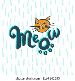 Cat Meow logo with paw print and cat face design elements for pet brand, shop or blog. Hand-drawn brush lettering, simple fur pattern background. Offset color.