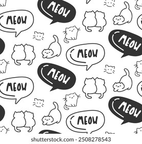 cat meow text seamless pattern black white background design illustration 