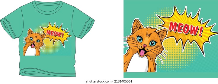 cat meow t-shirt design background color is a green blue and t-shirt color is a green blue beautiful color and beautiful design