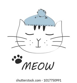 Cat meow vector illustration drawing with writing, black outlines of cat's head