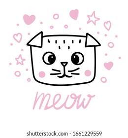 Cat "Meow" vector illustration drawing with writing. Black outlines of cat's head, Isolated on white background with pink hearts and stars.