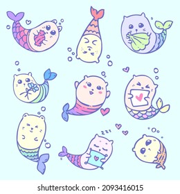 Cat mermaid baby set vector sea isolated tail ears shell pastel light colors comic fish magic magic