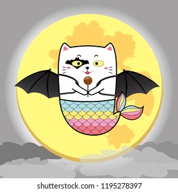 Cat mermaid in bat customs with moon vector background for Halloween 