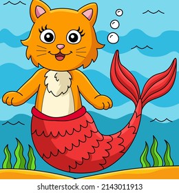 Cat Mermaid Colored Cartoon Illustration