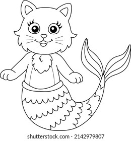Cat Mermaid Coloring Page Isolated for Kids