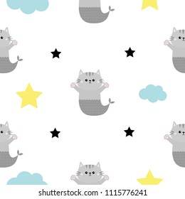 Cat mermaid fish tail, head, hands. Cloud, star shape. Cute cartoon kawaii character. Baby pet collection. Seamless Pattern Wrapping paper, textile template. White background. Flat design. Vector