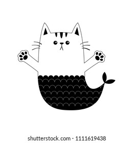 Cat mermaid fish tail Kitten ready for a hugging. Contour line. Open hand paw print. Kitty reaching for a hug. Funny Kawaii baby animal pet. Cute cartoon character. Flat design White background Vector