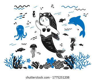 cat mermaid with her friends illustration in hand drawn doodle style. Cute sea creatures and animals. underwater world 