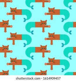 Cat mermaid pattern seamless. sea pet background. vector texture. Baby fabric ornament
