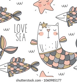 Cat Mermaid Seamless Pattern