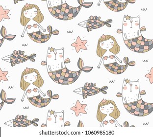 Cat Mermaid Seamless Pattern