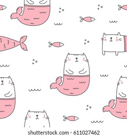 Cat Mermaid Seamless Pattern