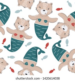 Cat mermaid seamless pattern. Kids background.