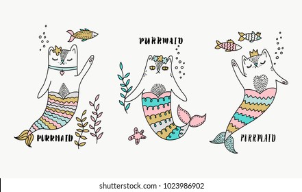 Cat Mermaid Set Illustration. 