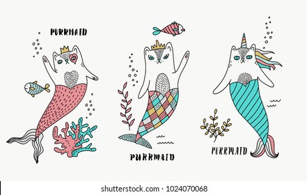 Cat mermaid set illustration