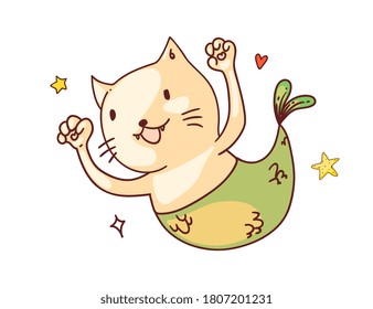Katze mit Meerjungfrau. Einziger lustiger, glücklicher Meerjungfisch mit Cartoon-Charakterskizze. Vectorcute fröhliche Tierdoodle-Kunst