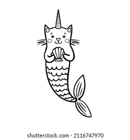 Cat mermaid unicorn. Doodle black line sketch art icon. Cute cartoon kids design. Outline drawing logo minimal style.