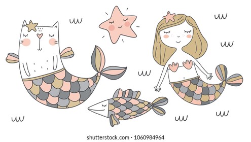 cat mermaid vector illustration