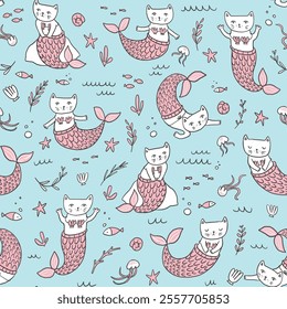 Cat mermaid vector seamless pattern, blue, white and pink colors