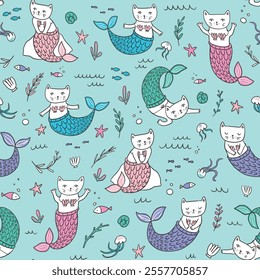 Cat mermaid vector seamless pattern, sea life illustration