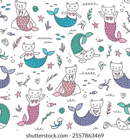 Cat mermaid vector seamless pattern, ocean animals illustrations 