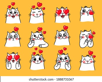 Cat messaging stickers with hearts. Cartoon cute emotions of home loving animals, vector illustration with funny pets isolated on yellow background
