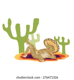 Cat in the Mexican sombrero resting under a cactus