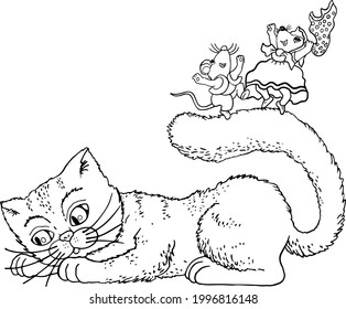 A cat with mice dancing on its tail on a white background. Funny cartoon character. A set of characters for a coloring book. Happy Holi.
