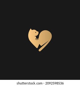 Cat minimalist logo vector in gold color. Luxury pet logo design. Gold color on black background. 