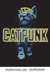 Cat with a mohawk and neon glowing text catpunk . Vector illustration.