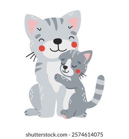 Cat mom and baby, cartoon style, mothers day illustration, cute animal