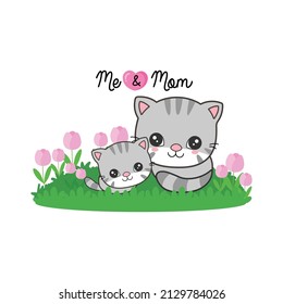 Cat mom and baby on the flowers field. For mother'day greeting card.