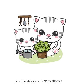 Cat mom and baby planting garden.Cute cartoon character.	