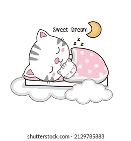  Cat mom and baby sleeping on the clouds. Cute cartoon character.	