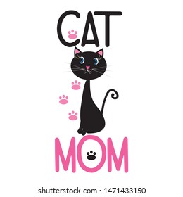 Cat mom cololful text, with cute black cat and paws. Design concept for poster, t-shirt print. - Vektor